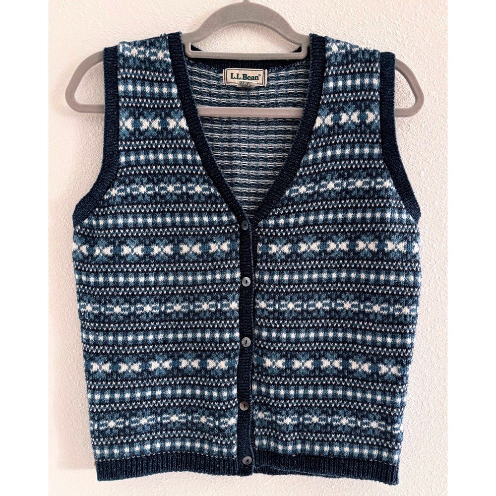 Vintage LL Bean Sweater Womens Small Blue Cotton Fair Isle Grandmacore Cottage‎